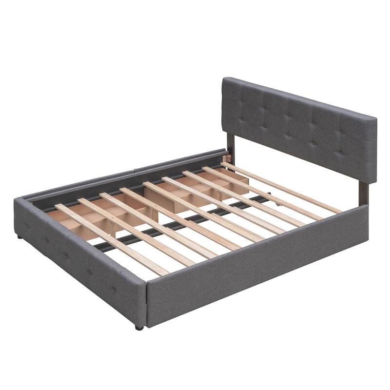 Dark Gray Linen Fabric Upholstered Queen Platform Bed With 2 Drawers, Twin Xl Trundle, Sturdy Wood Frame, No Box Spring Needed