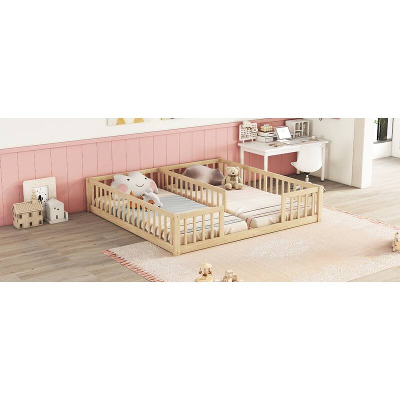 Roomfitters Double Twin Floor Bed Frame with Fence and Guardrails, Low Profile Shared Platform Bed, No Door Design