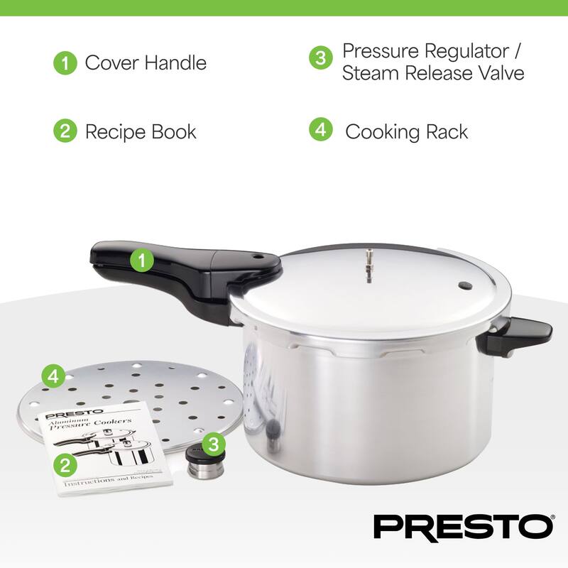 Presto 01282 8 Quart Aluminum Pressure Cooker, Regulator & Cover Lock, Silver