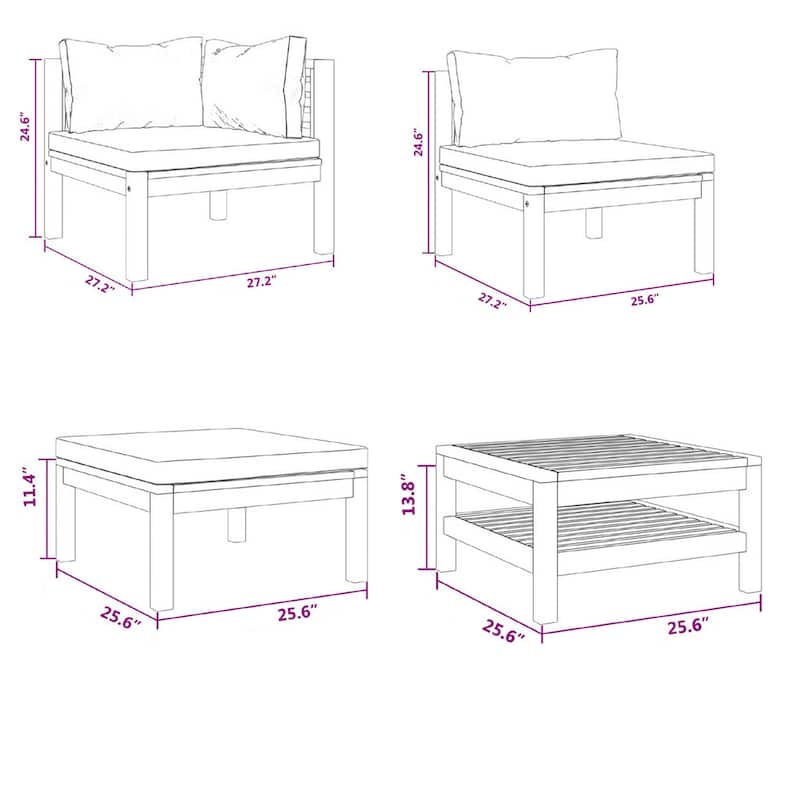 Outdoor 5pc Modular Sofa Set, Slatted Coffee Table, Brown Acacia Wood
