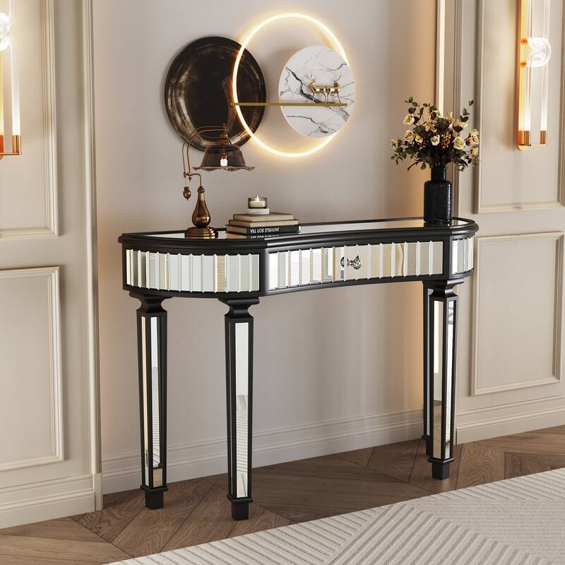 47 inch Half Moon Mirrored Console Table Fluted Glass Crystal Knob Drawer Silver Gold