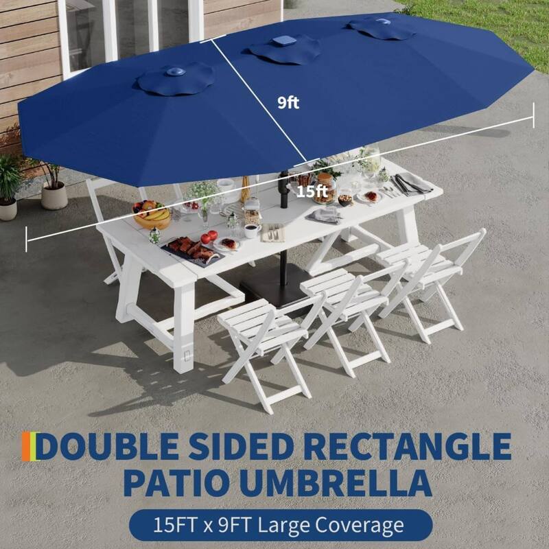 15FT Double-Sided Patio Umbrella with with LED and Base Included for Pool Lawn Garden