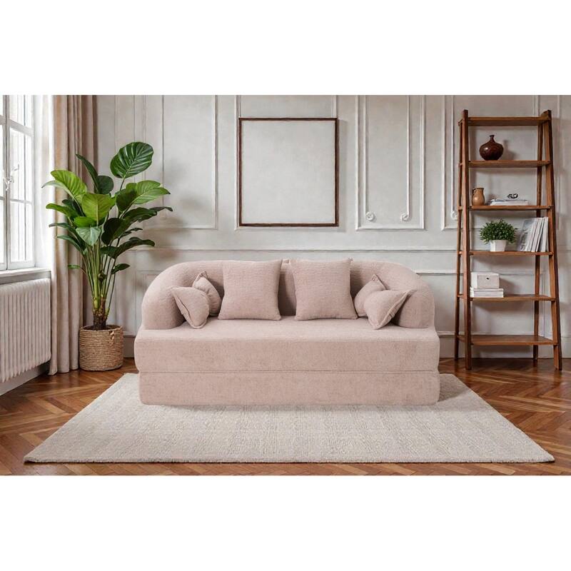 2-in-1 Foldable Sofa Bed, 70" Convertible Boneless Couch Sleeper with 4 Pillows, Chenille Foam Futon for Living Room - Apricot