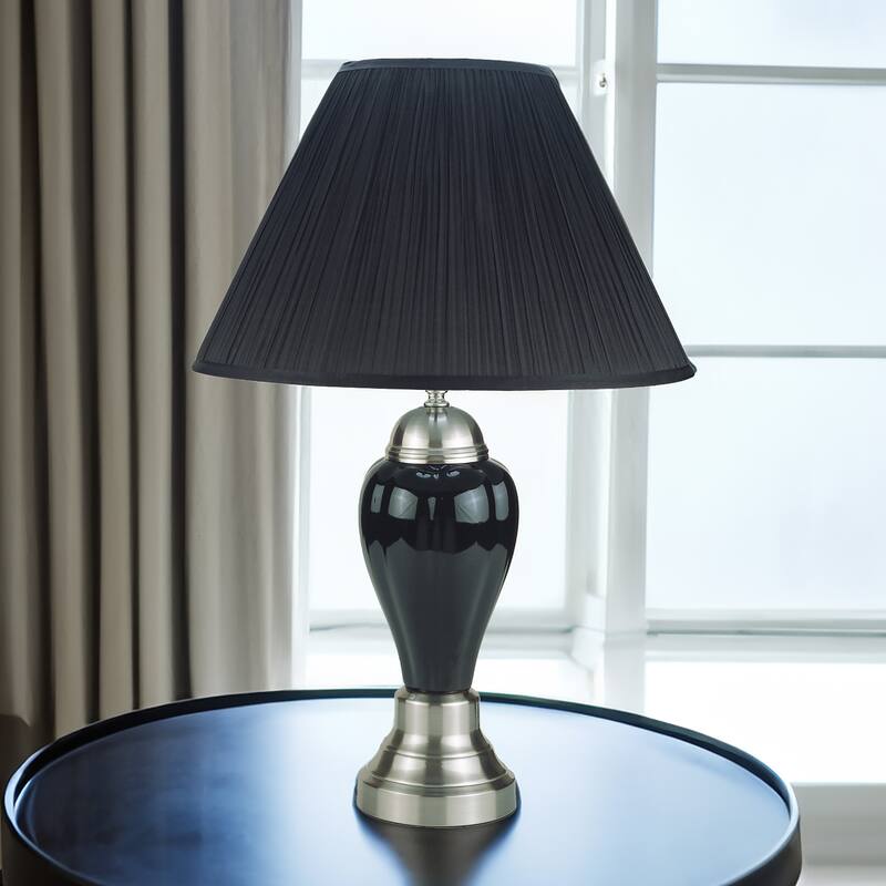 1pc Elegant Crafted Table Lamp Glossy Gray Base Contrasting Metallic Details Pleated Shade Modern Look Porcelain Rotary Switch