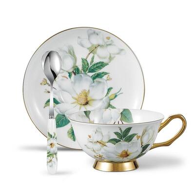 Panbado Bone China Camellia Oleifera Tea Cup with Saucer Spoon