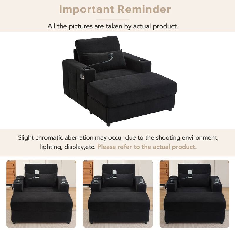 Chaise Lounge Sofa Couch with a Movable Storage Ottoman, Two USB Ports, Two Cup Holders, a Phone Holder，Side Pockets