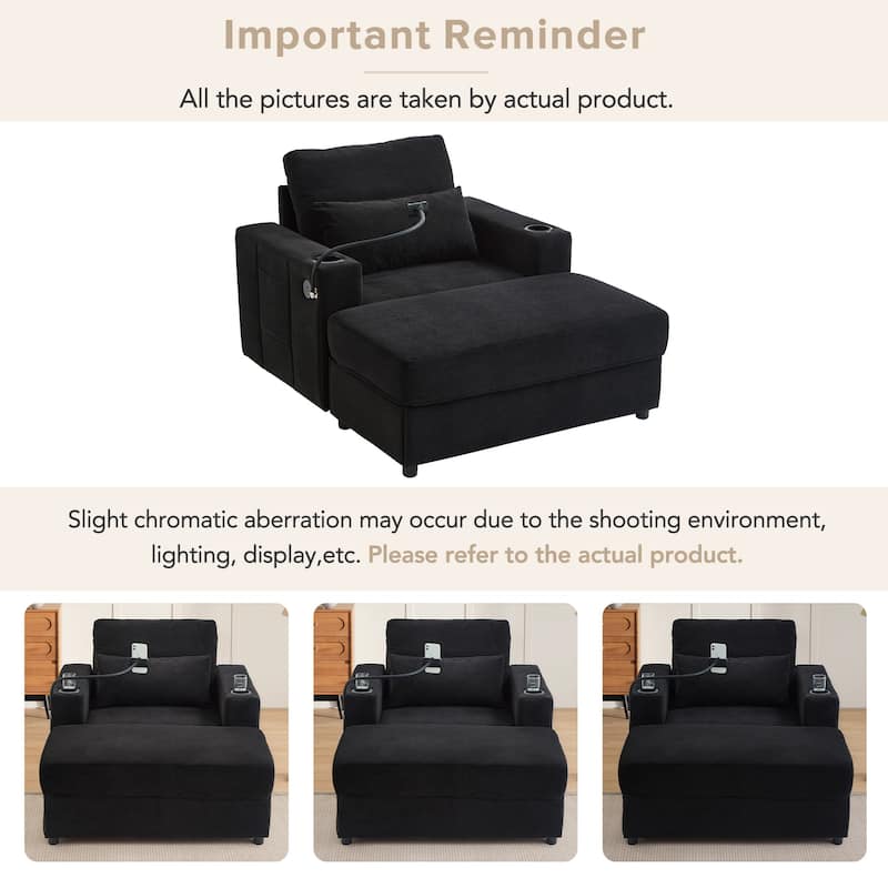 Modern Style Armchair 42.5" Chaise Lounge Sofa Couch with a Movable Storage Ottoman, Two USB Ports, Two Cup Holders