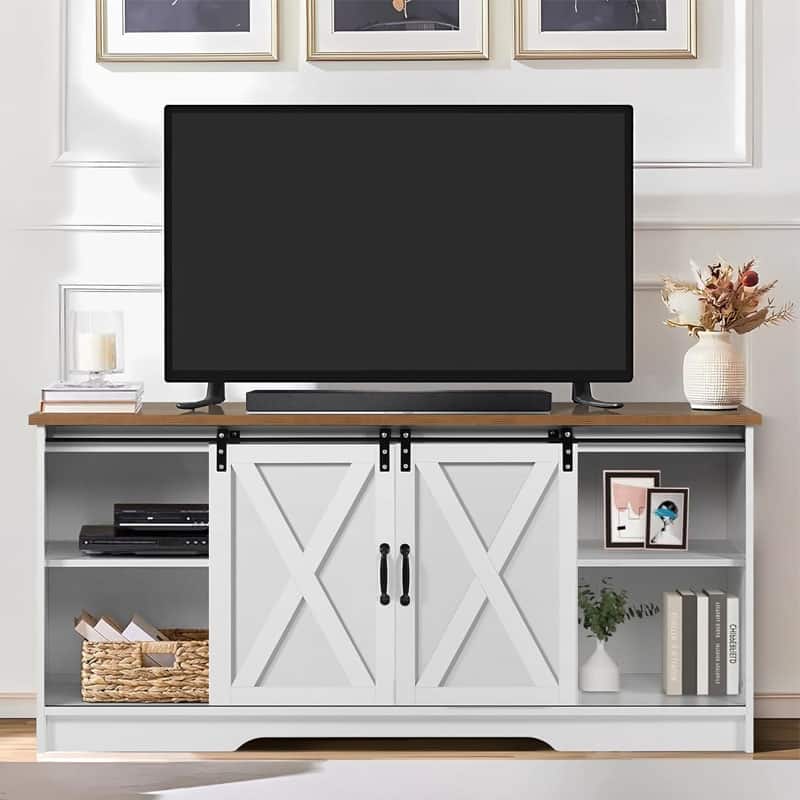 Modern Farmhouse Wood TV Stand for TVs up to 58 inches,with Sliding Barn Doors,3 Adjustable Shelves,Cord Management Ports