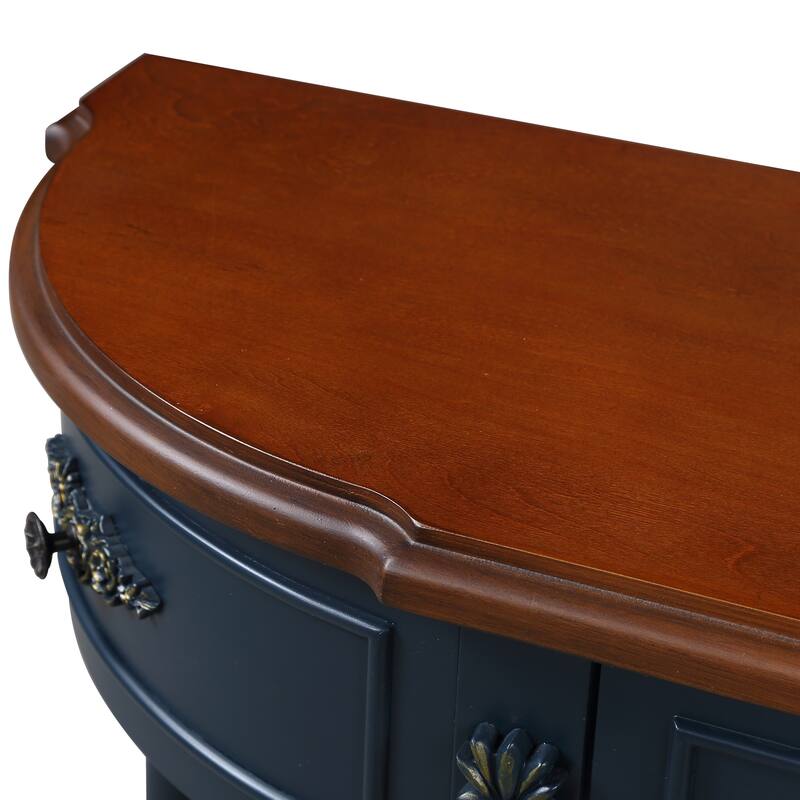 Anmytek Retro Curved Wood Console Table, Navy Blue Wood Top Solid Wood Entry Table with Open Shelf and 2 Drawers