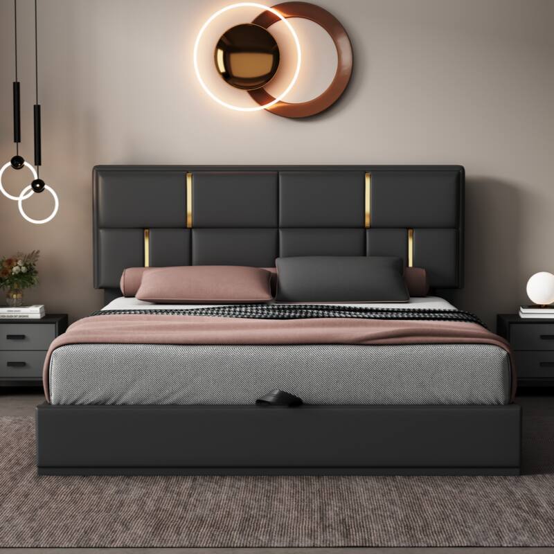 Queen Size Upholstered Platform Bed with Hydraulic Storage System