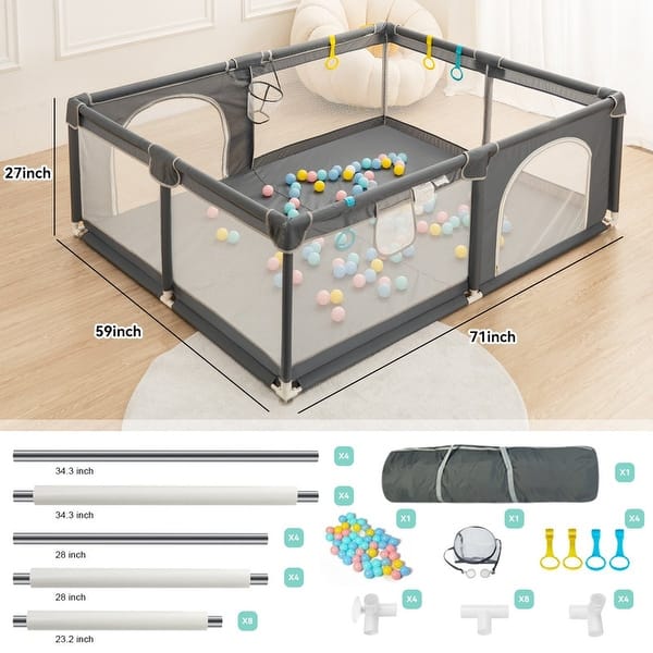 Infant 71"x59" 4-Panel Baby Playpen Spacious & Secure Foldable Playard Grey