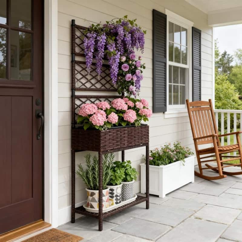 Decorative Rattan Raised Garden Bed with Trellis & Storage Shelf - Brown