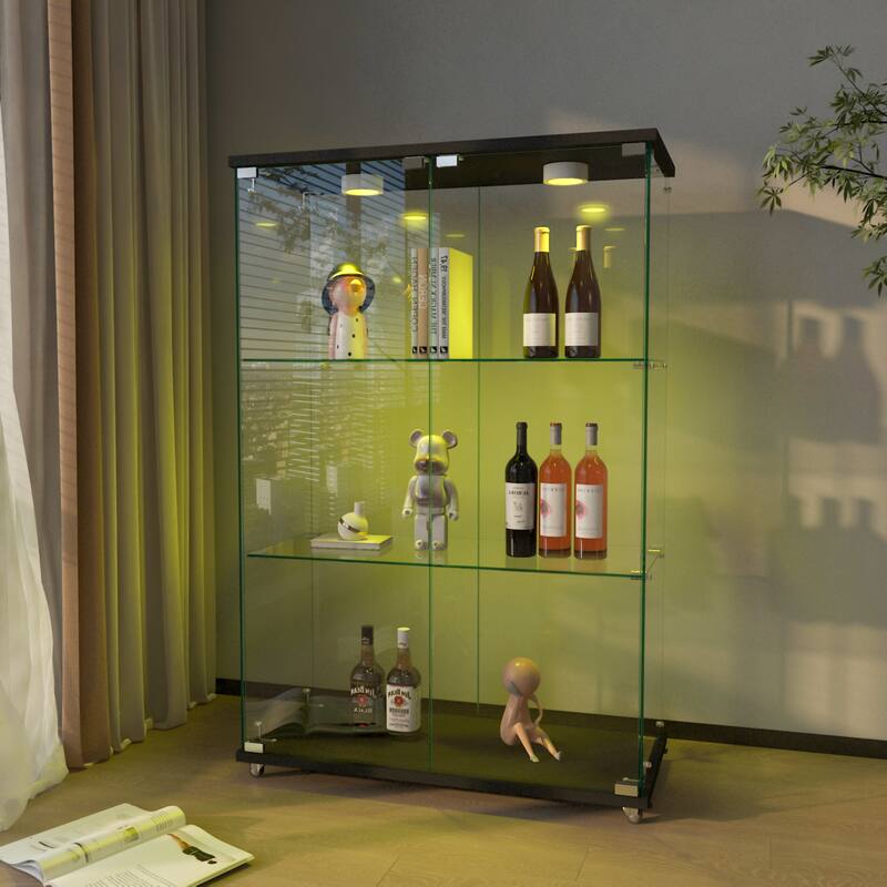 Modern Glass Display Cabinet with LED Lights, Quick-Assembly 2-Door Bookcase with Tempered Glass & Black Frame