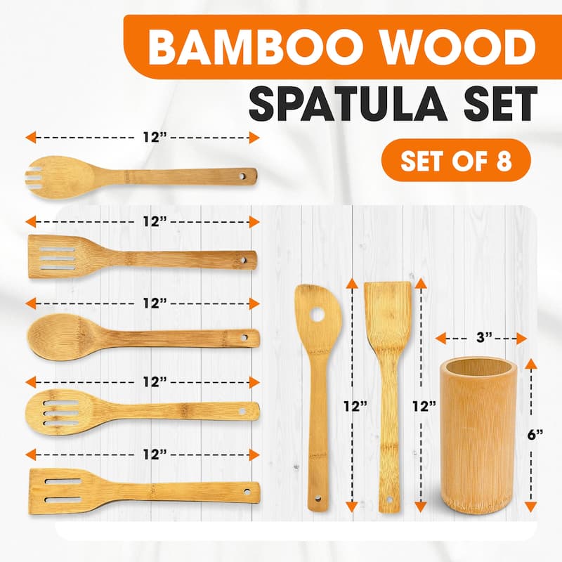 Cheer Collection 8-Piece Bamboo Wooden Cooking Utensils Set with Holder