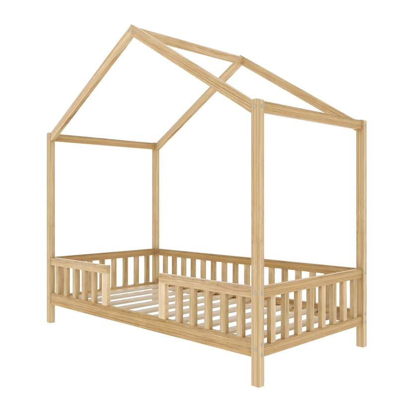 Montessori Bed, House-shape Frame Platform Bed for Kids Toddler, Wood House Daybed with High Railings and Roof, Canopy Bed Frame