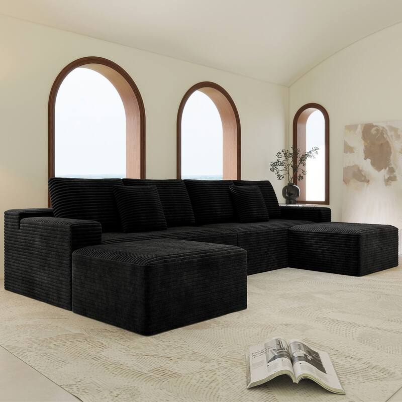 U Shaped Modern Sofa Modular Sectional Cloud Couch with 2 Ottoman, Deep Seat Couches Corduroy Fabric Sofa for Living Room