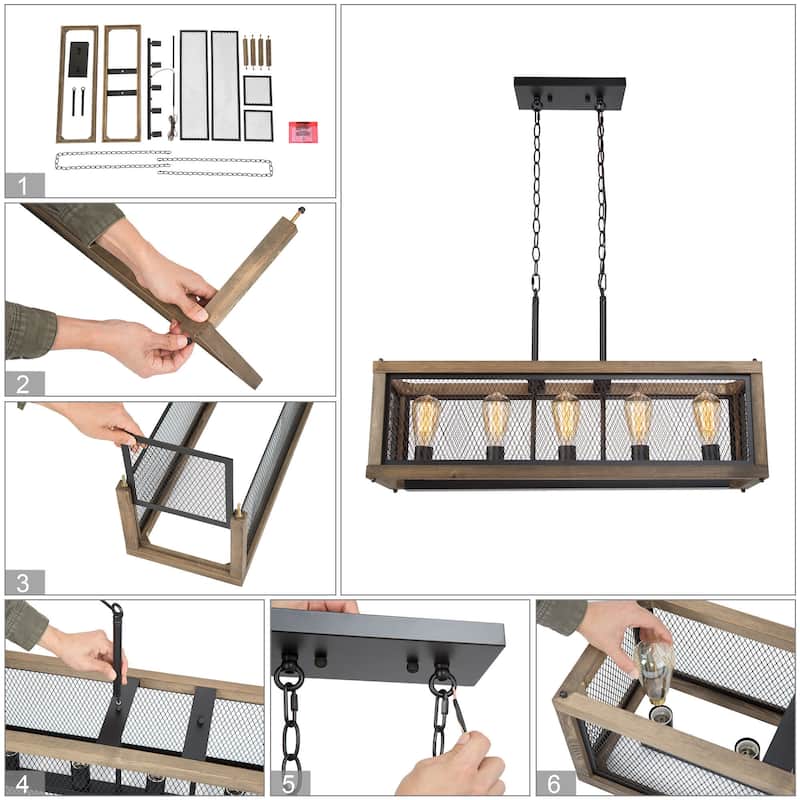 Campea Farmhouse 5-Light 31.5" Linear Wood Chandelier for Kitchen Island - L31.5"xW10"xH10"