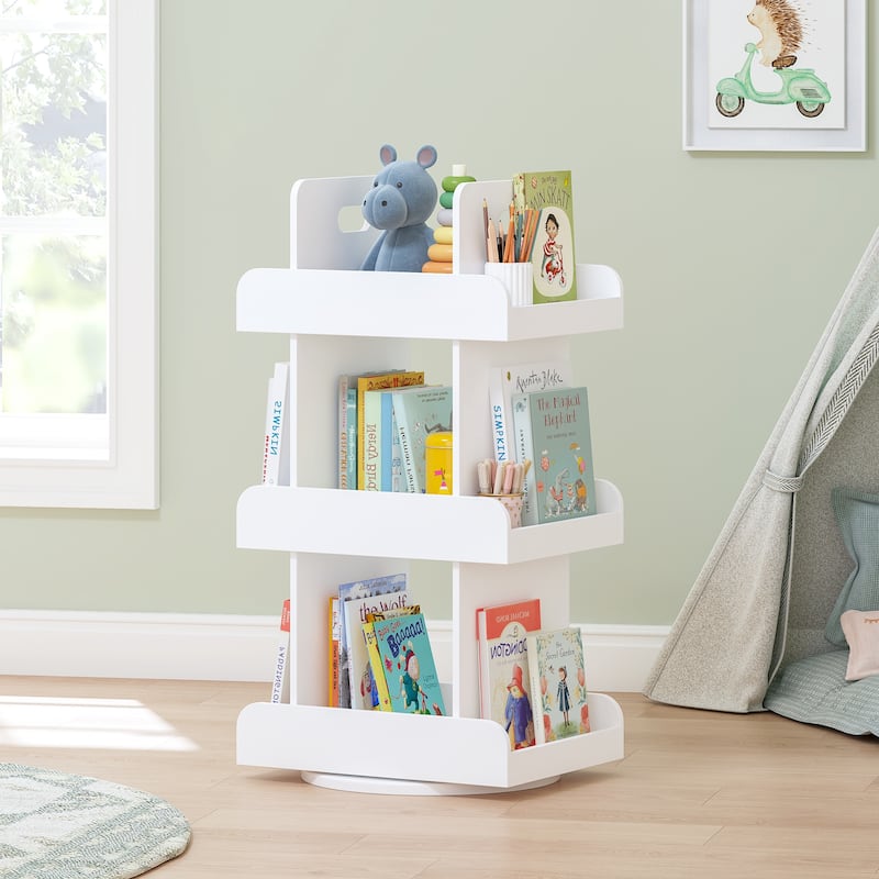 COSTARS Kids Rotating Bookshelf Tower, 3-Tier 360° Spinning Bookcase with Book Display, Revolving Storage Organizer , White