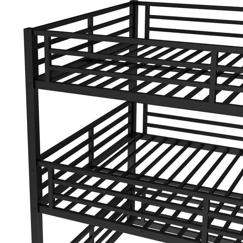 Metal Triple Bunk Bed with Safety Guardrails, Queen over Queen over Queen, Space-Saving Design, Noise-Reduced, Black