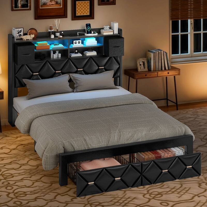 Moasis Upholstered Bed Frame with Storage Headboard And Charging Station and LED Light