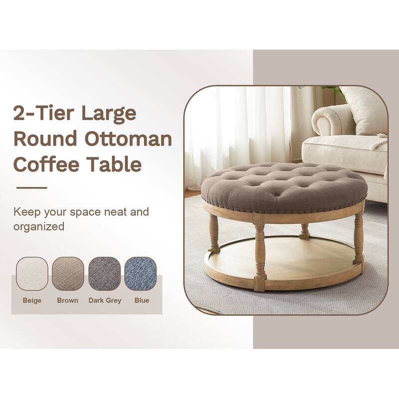 HUIMO 33in Round Upholstered Solid Wood Ottoman Coffee Table with Storage Shelf
