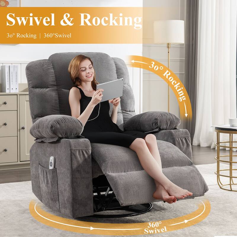 Swivel Massage Recliner Chair with Lumbar Heating, Oversized Lounge Sofa with Cup Holders, USB Port & 2 Side Pockets