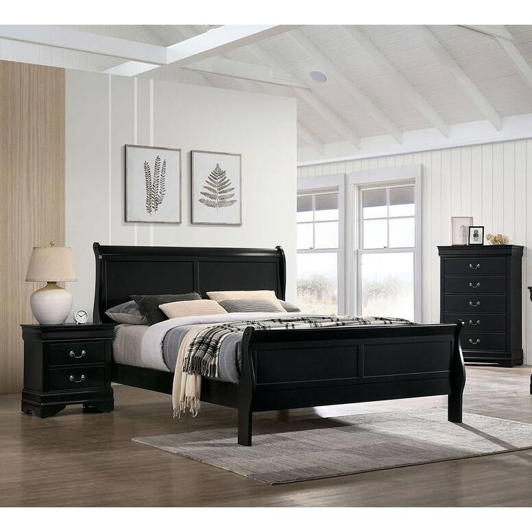 Twin Size Black Solid Wood Sleigh Bed, Contemporary Style - Black