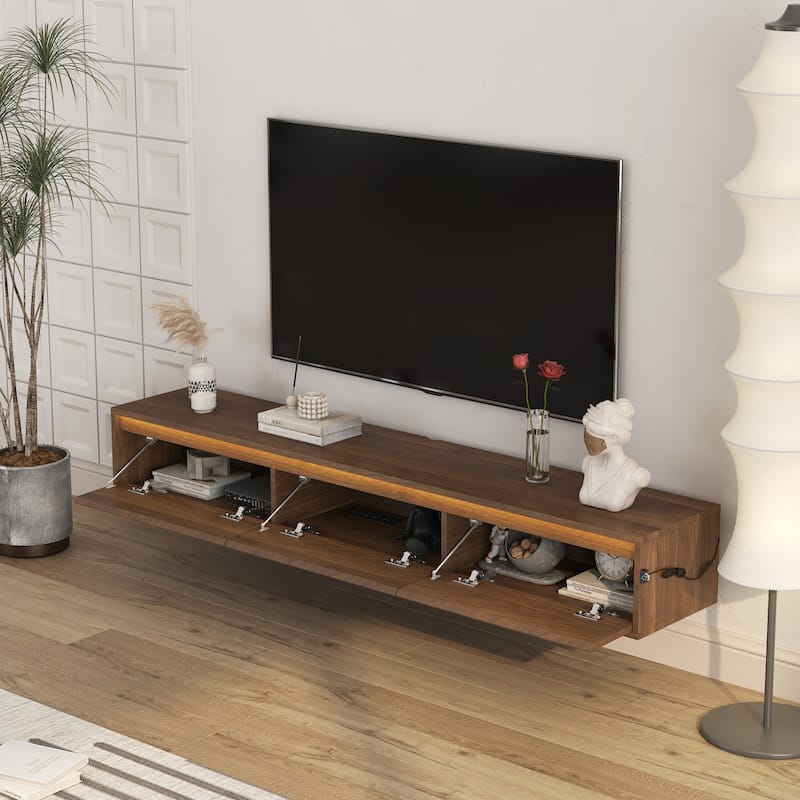 Floating TV Stand, Wall Mounted TV Shelf with Led Lights & Power Outlet,High Gloss TV Cabinet for Wood tv Stands for Living Room