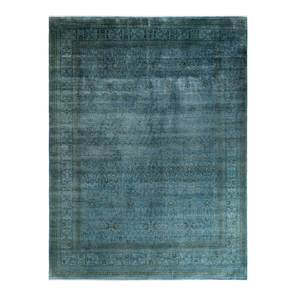 Overton Hand Knotted Wool Vintage Inspired Modern Contemporary Overdyed Blue Area Rug - 8' 10" x 11' 10"