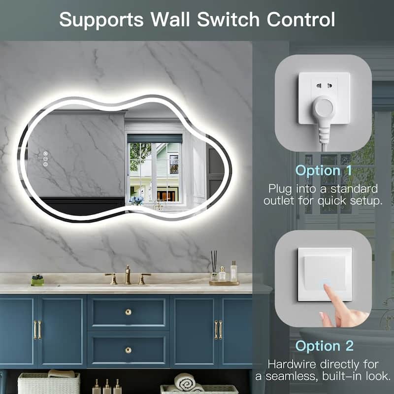Irregular Front & Back LED Lighted Anti-fog Tempered Glass Wall Bathroom Vanity Mirror, ETL Certified, 3-Year Warranty
