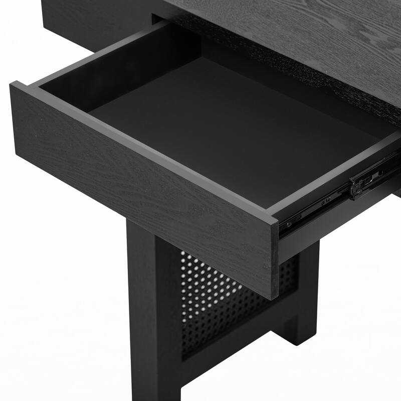 Narrow Console Table with Rattan Accent(Antique Black)