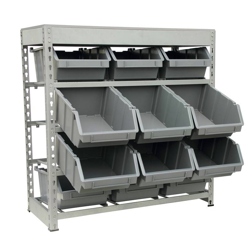 King's Rack Bin Rack Boltless Steel Storage System Organizer w/ 12 Plastic Bins in 4 tiers.
