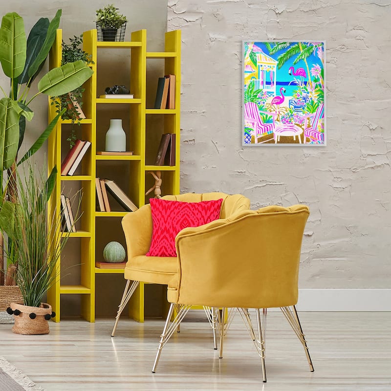 Stupell Vivid Flamingos on Tropical Beach Framed Giclee Art Design By Jess Stempel