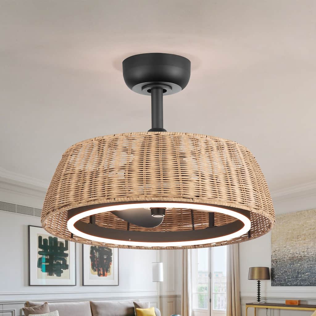 20" Rattan Caged Ceiling Fan with Dimmable LED Light and Remote(3-Blade)