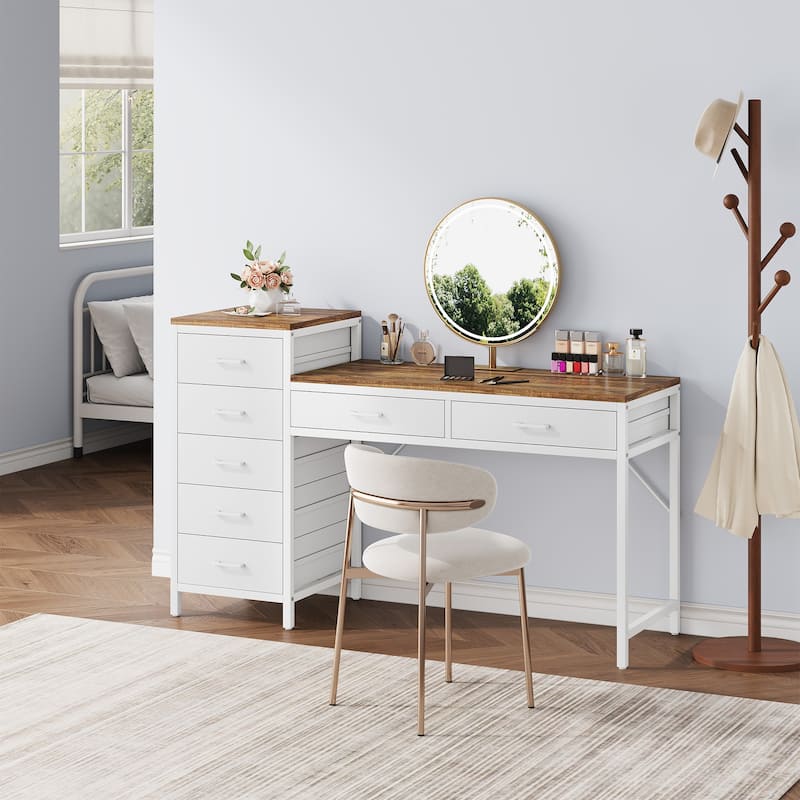 Modern Makeup Vanity Desk Dressing Table with Reversible Drawers (Without Mirror) - Light Brown and White