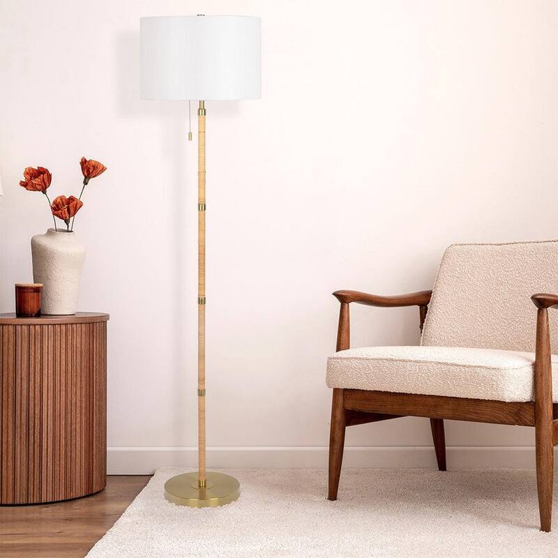 Stellar Wood Rattan Tube , Gold Brass Metal and White Linen Shade Floor Lamp - Gold,Natural Wood,Rattan,White - Gold,Natural Wood,Rattan,White