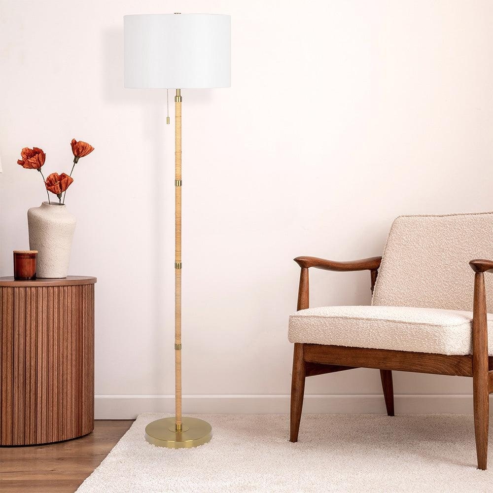 Stellar Wood Rattan Tube , Gold Brass Metal and White Linen Shade Floor Lamp - Gold,Natural Wood,Rattan,White