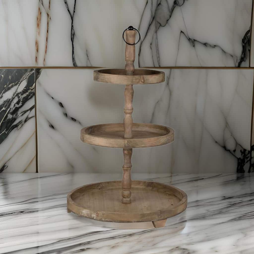 Zia 30 Inch 3 Tier Serving Tray, Flat Round Plates, Brown Fir Wood Finish