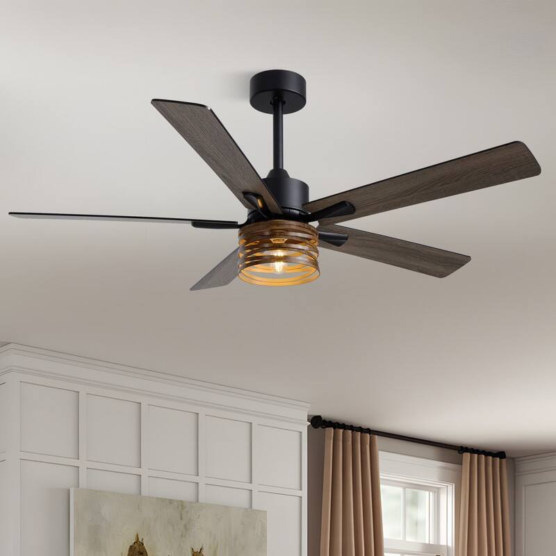 52 Inch Farmhouse Ceiling Fans with Lights and Remote Wood Black Industrial Rustic Caged Ceiling Fan for Bedroom Living Room