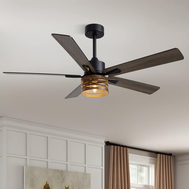 52 Inch Farmhouse Ceiling Fans with Lights and Remote Wood Black Industrial Rustic Caged Ceiling Fan for Bedroom Living Room