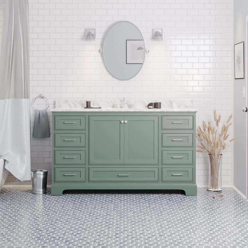 KitchenBathCollection Harper 60" Single Bathroom Vanity with Carrara Marble Top - Sage Green