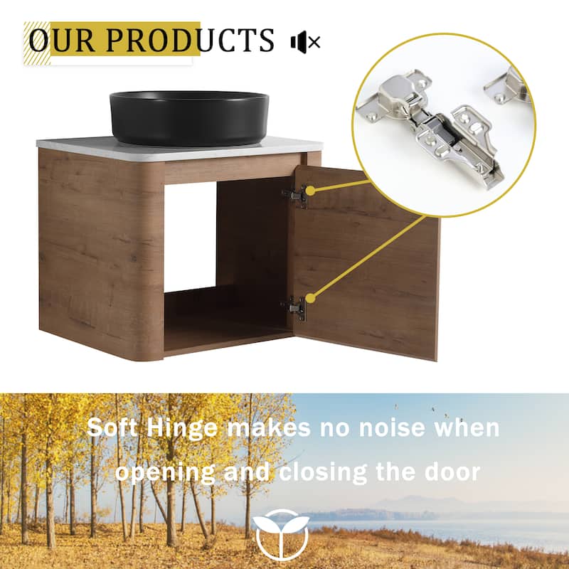 24'' Wall-Mounted Bathroom Vanity With Ceramic Art Sink & 1-Soft-Close Door,KD-Packing, Plywood