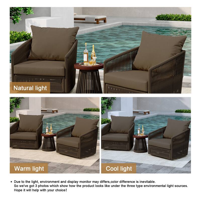 3-Piece Outdoor Rattan Swivel Lounge Chair Set Barrel Chairs for Backyard