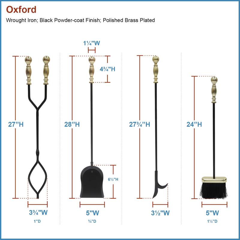 Achla Designs Oxford Set of 4 Fireplace Tools, 30.5 Inch Tall, Black and Polished Brass