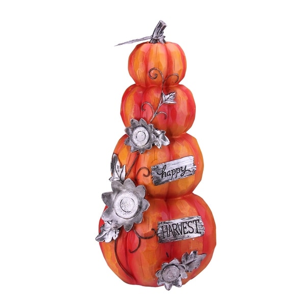 19” Orange and Silver Pumpkin “Happy Harvest” Autumn Statue Decoration - N/A