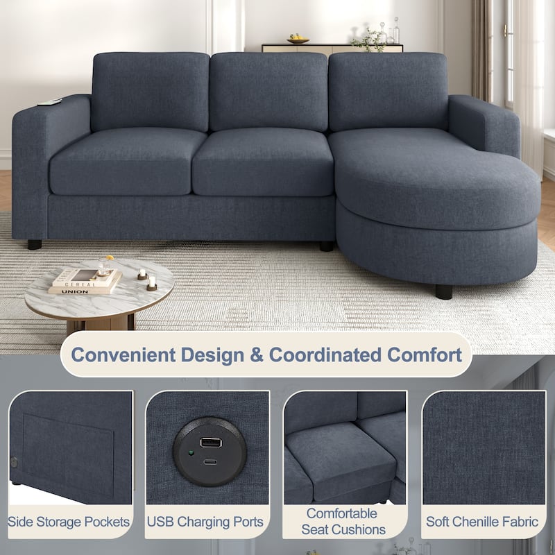 L-Shape Sectional Sofa with Curved Chaise Lounge, Chenille Fabric 3 Seater Sofa with USB Ports & Storage Pockets