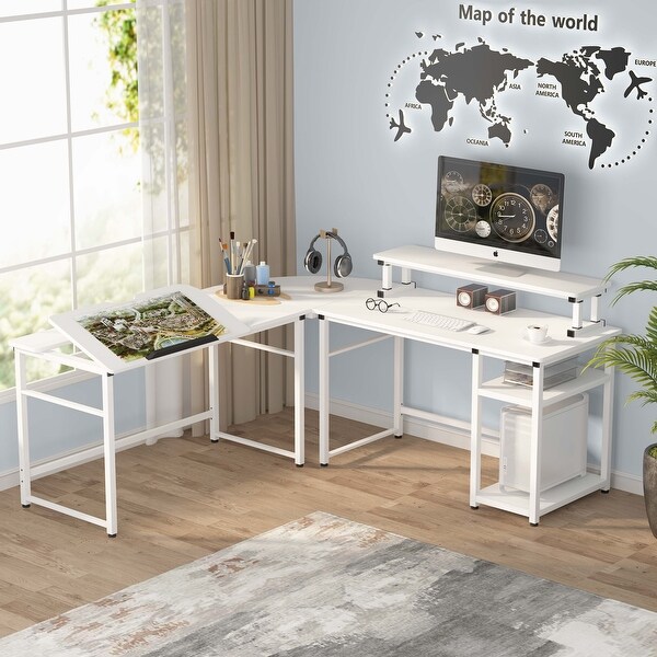 L-Shaped Computer Desk with Monitor Stand Riser. Opens flyout.