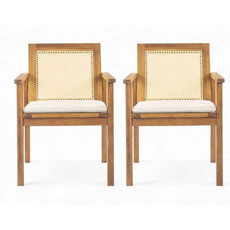 Roomfitters Preston Outdoor Acacia Wood Dining Chairs with Cane Back and Cushions, Teak Set of 2 - Teak+ Beige