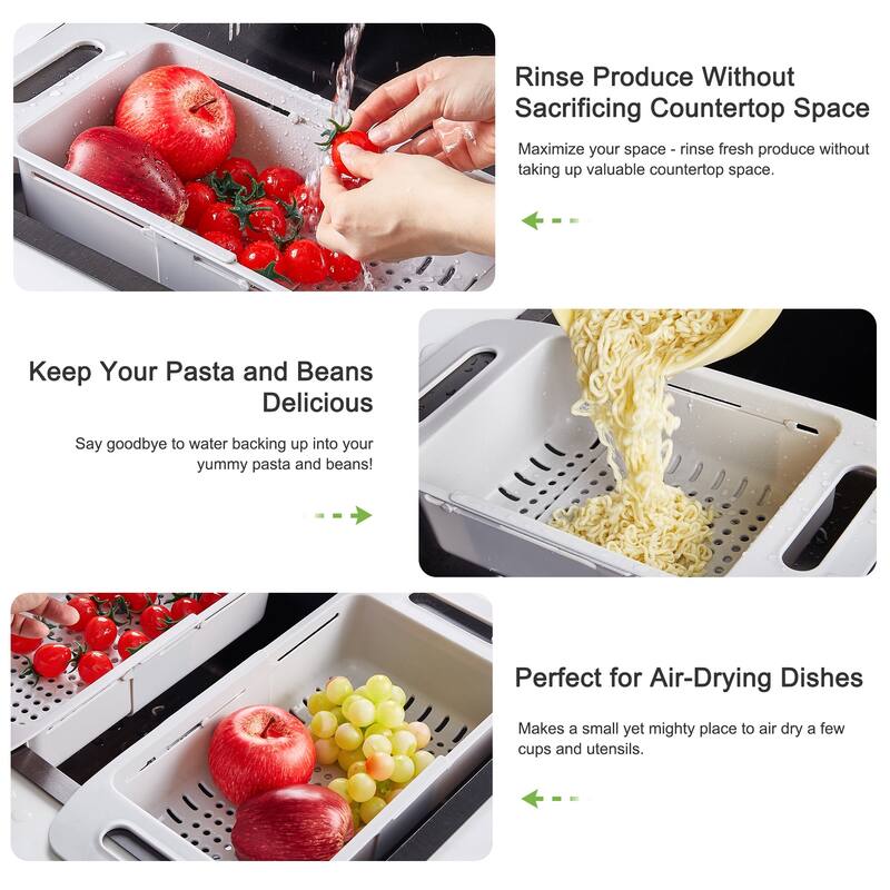 Extendable Colander Strainer Over the Sink, Retractable Kitchen Sink Basket, Plastic Food Strainers