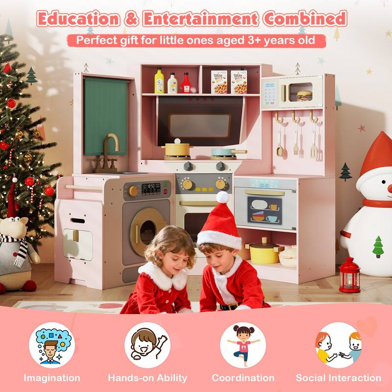 Gymax Corner Kitchen w/ Lights & Sounds Interactive Wooden Playset for